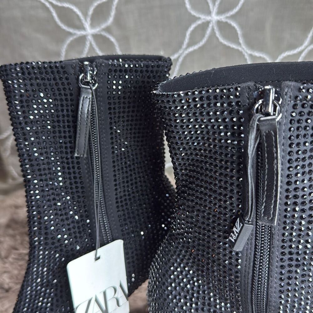 (W2) ZARA Women's Black Rhinestone Heeled Ankle Boots Size 37/6.5US - Picture 9 of 12